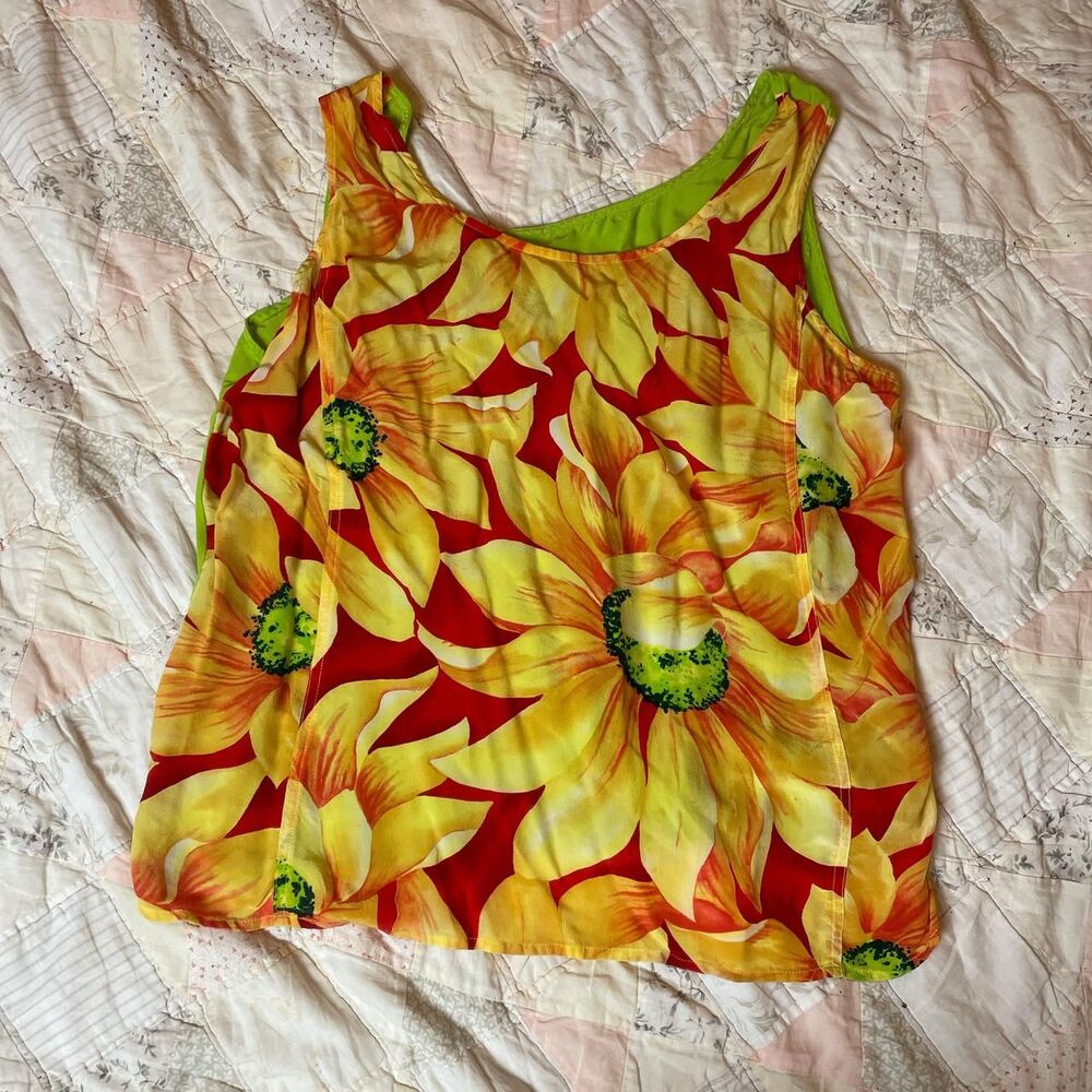 diane gilman vintage 90s 100% silk yellow and green tropical flower tank top